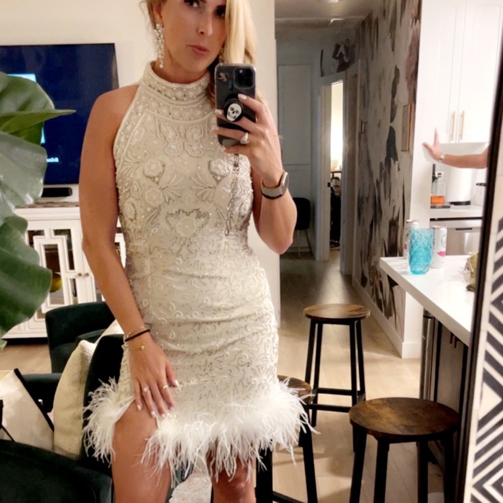 Custom Ostrich Feather Fully Beaded Dress - Picture 5 of 7